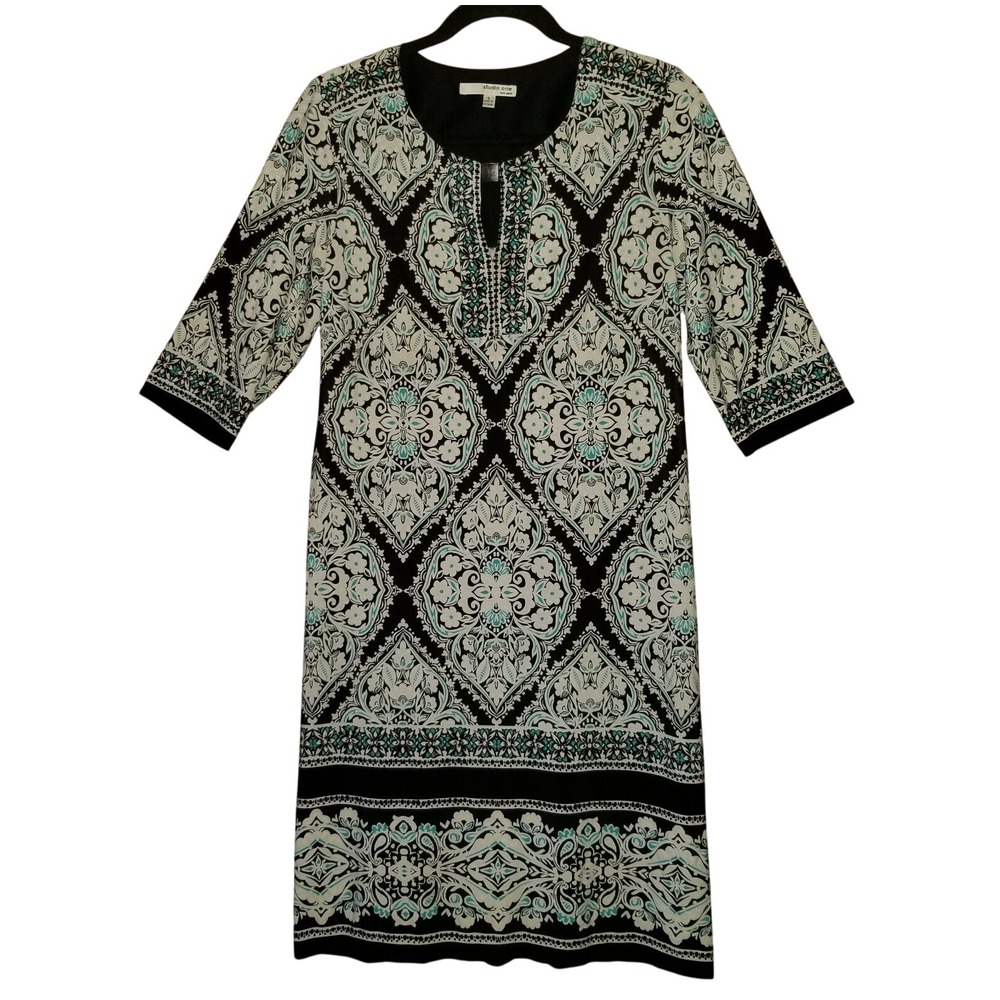 Studio One New York Shift Dress Textured Print Hardware Stretch Boho Size Small